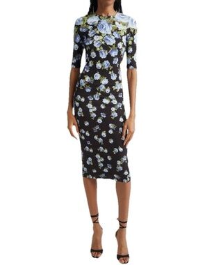 Alice + Olivia Delora Black & Blue Floral Midi Dress Smell The Roses Sz 8 NWT